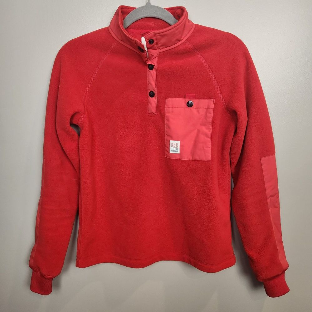 Topo Designs Red Fleece Popover Fleece 1/4 Button Snap Size S Women's